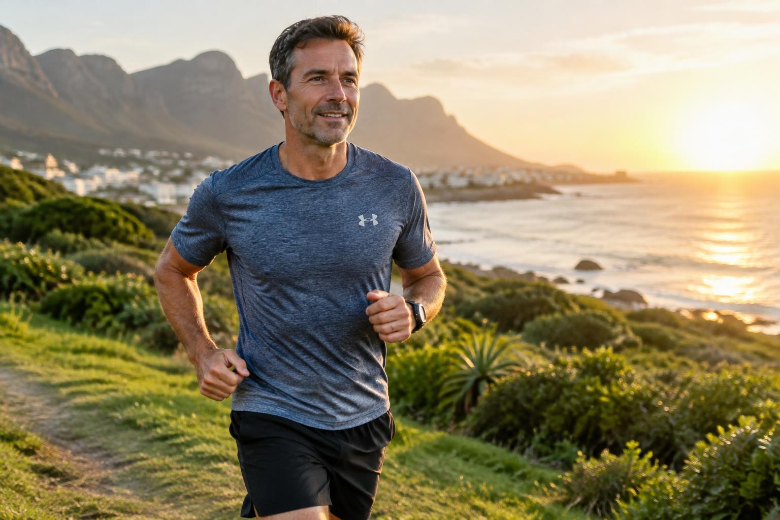 Fit man jogging outdoors at sunrise on a South African coastal path